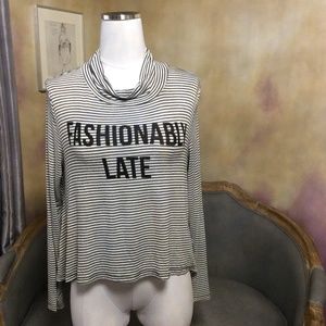 '"Fashionably Late" striped long sleeve tee, size L (juniors)